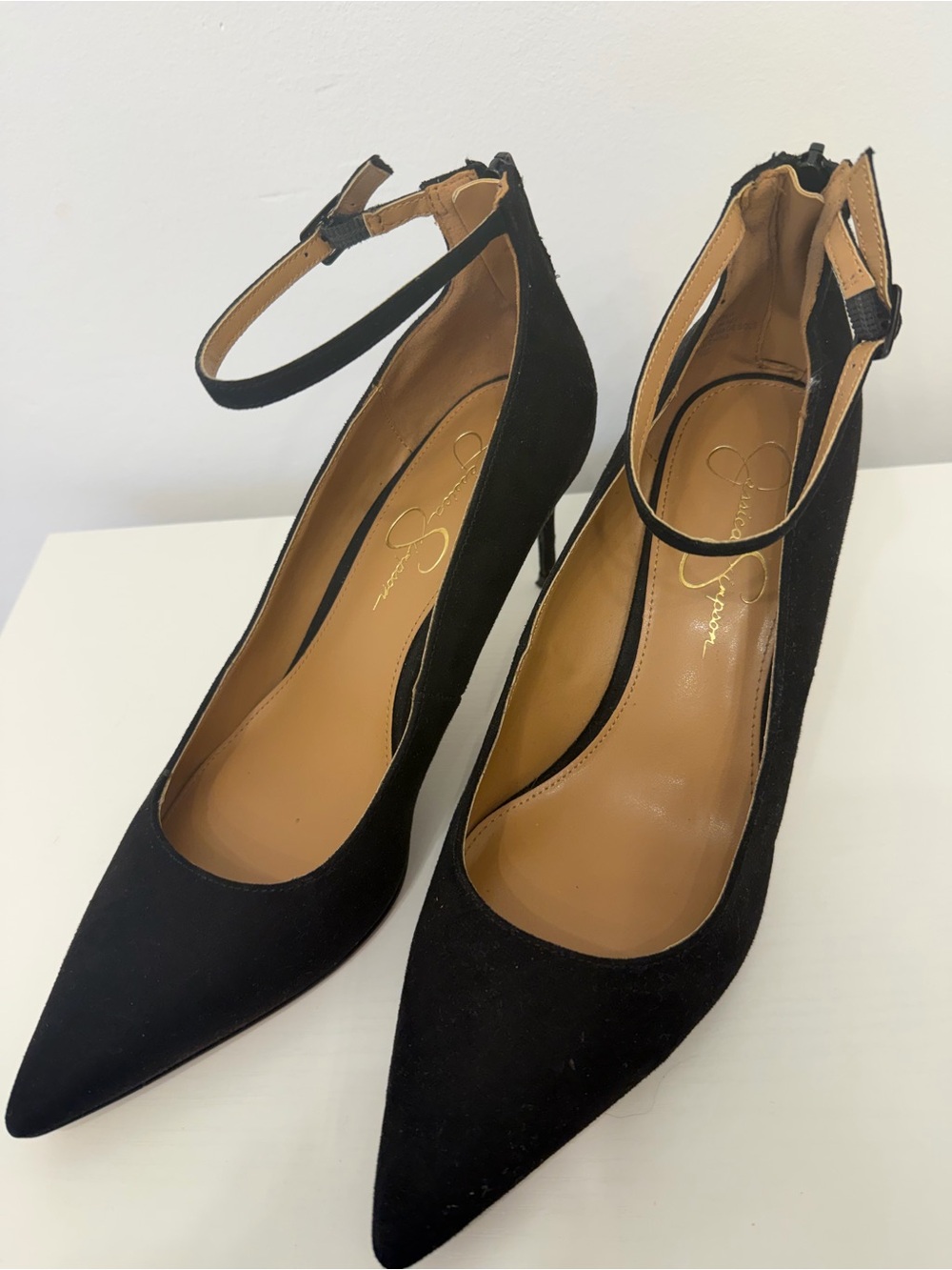 Jessica Simpson Size 10 Black Seude Ankle-Strap Pointed-Toe Heels